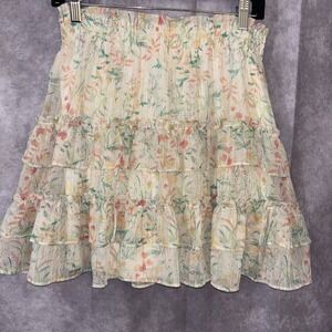 LC Lauren Conrad Women's M Metallic Gold Floral Smocked-Waist Ruffle Mini Skirt